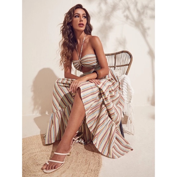 Giselle Cutout Detail Striped Ruffle Hem Halter Dress - Picture 5 of 6